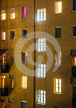 Urban city life: Flats and apartments at dusk. Real estate and property