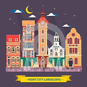 Urban city night landscape Town skyline Flat illustration