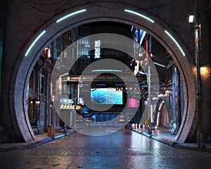 Urban city retro futuristic arch back drop background with neon accents.