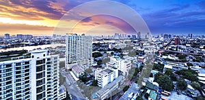 Urban City Skyline, Chao Phraya River, Bangkok, Thailand.