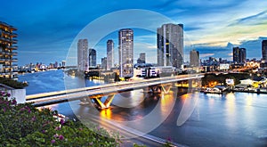 Urban City Skyline, Chao Phraya River, Bangkok, Thailand.