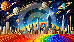 Urban city skyscraper rainbow color galaxy night sky astronomy