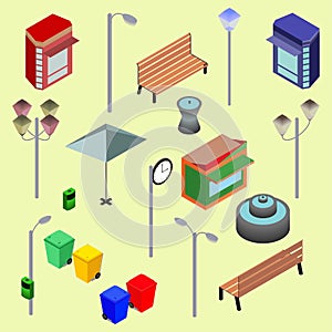 Urban city street isometric vector objects, benches, streetlight, booth, newsstand, Kiosk, clock, recycle bins, fountain