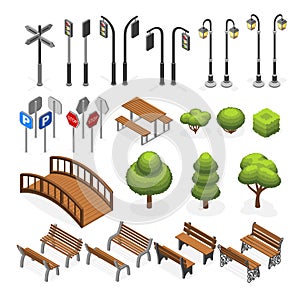 Urban city street miniature isometric vector objects, benches, trees, streetlight, seats, road signs photo