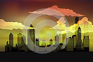 Urban cityscape at evening. Skyline city silhouettes. City background with architecture