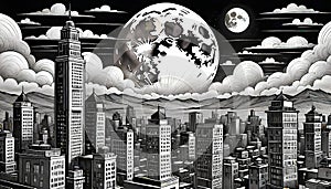 Urban cityscape moon night horizon clouds silhouette drawing