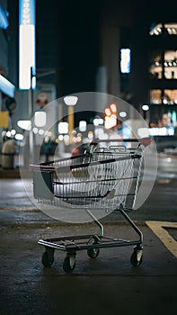 Urban commerce ambiance shopping cart against blurred night cityscape backdrop