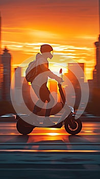 Urban commute man glides on electric scooter through city sunset