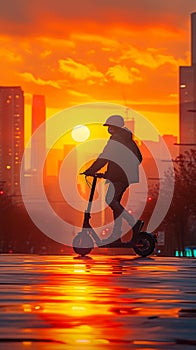 Urban commute man glides on electric scooter through city sunset