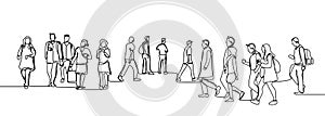 Urban commuters one continuous line drawing minimalism design sketch hand drawn vector illustration. People walking before or