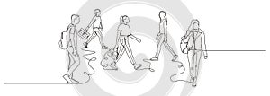 Urban commuters one continuous line drawing minimalism design sketch hand drawn vector illustration. People walking before or