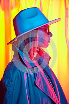 Urban confidence. Modern aesthetics. Young woman wearing at, glasses and jacket, posing against vibrant yellow