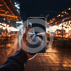 Urban connectivity Hand holding smartphone in the city at night