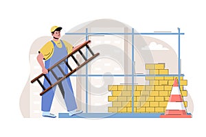 Urban construction concept. Man building brick wall, builder construct house situation. Real estate business people scene. Vector