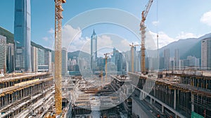Modern City Construction Site with Cranes and High-Rise Buildings