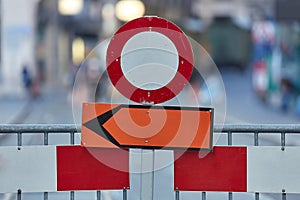 Urban construction site with warning signs