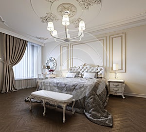 Urban Contemporary Modern Classic Traditional Bedroom Interior Design with beige walls, Elegant furniture and bed linen