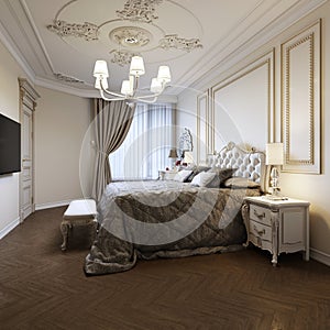 Urban Contemporary Modern Classic Traditional Bedroom Interior Design with beige walls, Elegant furniture and bed linen