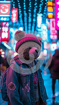 Urban-cool bear in a denim jacket, sporting a beanie with graffiti motifs photo