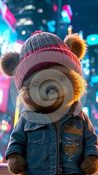 Urban-cool bear in a denim jacket, sporting a beanie with graffiti motifs photo
