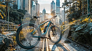 Urban cycling at sunset: bike on city pathway