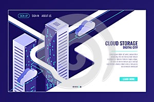 Urban data city, cloud storage concept, server room rack, data center, database, bigdata isometric vector