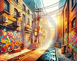 Urban Decay Street Graffiti Back Alley Scene Brick Wall Inner City Buildings AI Generated