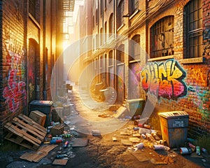 Urban Decay Street Graffiti Back Alley Scene Brick Wall Inner City Buildings AI Generated