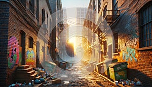 Urban Decay Street Graffiti Back Alley Scene Brick Wall Inner City Buildings AI Generated