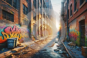 Urban Decay Street Graffiti Back Alley Scene Brick Wall Inner City Buildings AI Generated