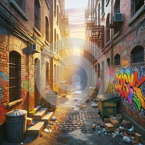 Urban Decay Street Graffiti Back Alley Scene Brick Wall Inner City Buildings AI Generated