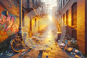 Urban Decay Street Graffiti Back Alley Scene Brick Wall Inner City Buildings AI Generated