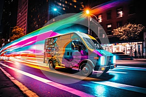 Mestský dodávka vibrujúci obraz z farbistý dodávka nákladné auto urýchlenie cez mesto ulice v noci jasný svetlá 