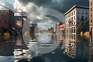 Urban Deluge: Street Submerged Under Floodwaters - Mix of Floating Debris and Partially Visible Road Markings - Ominous Inundation