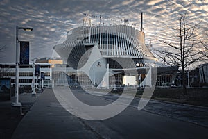 Urban design building with numerous windows and stairs in the city