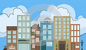 Urban downtown district with apartments restaurants and shops with hand drawn detail lamppost bench flowers and outlined clouds an