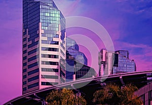 Urban Downtown Skyline Modern Buildings in a Purple Haze