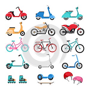 Urban eco transport illustrations set. Summer activities concept. Scooters, bicycles, roller-skates, skateboard, helmet photo