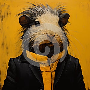 Urban Edgy Guinea Pig Portrait In Yellow Suit And Tie