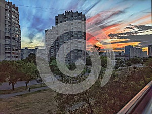 urban evening sunset in the city of Kyiv