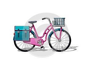 Urban family bike with bags and a basket flat vector. Urban bicycle, leasure and sport transport for family. Bicycle illustration