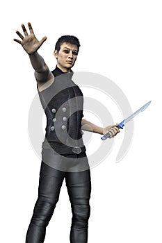 Urban fantasy hunter warrior man wearing a black leather outfit and holding a dagger