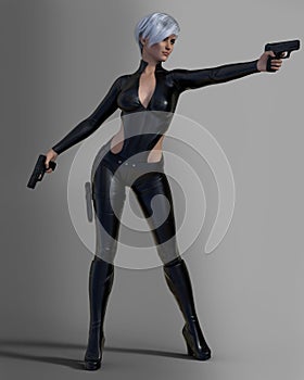 Urban Fantasy Woman fighter in black leather costume