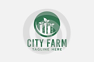 urban farm logo with a combination of buildings, city scape, and plants