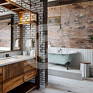 Urban Farmhouse Bathroom: An urban farmhouse-style bathroom with a clawfoot bathtub, subway tiles, and repurposed wooden shelves