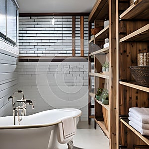 Urban Farmhouse Bathroom: An urban farmhouse-style bathroom with a clawfoot bathtub, subway tiles, and repurposed wooden shelves