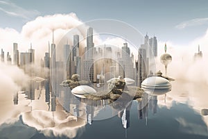 urban float landscape, with city streets and high-rise buildings floating above the clouds
