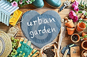 Urban Garden concept handwritten on a slate heart