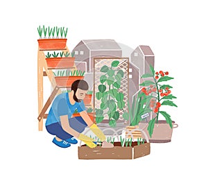 Urban gardening flat vector illustration. Male gardener planting herbs cartoon character. Greening, landscaping. Garden