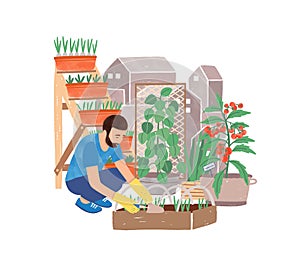 Urban gardening flat vector illustration. Male gardener planting herbs cartoon character. Greening, landscaping. Garden photo
